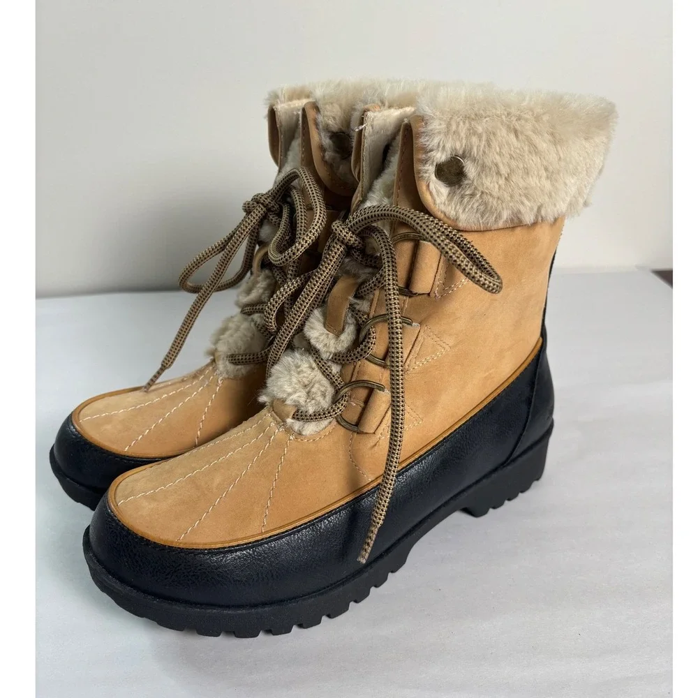 JBU‎ Womens Southgate Winter Duck Boots 7M Tan Black Faux Fur Lined Lace Up
